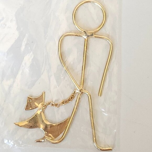 UNIQUE METAL Stick Figure Art Man Walking Scottie Dog Gold Tone - Picture 2 of 2